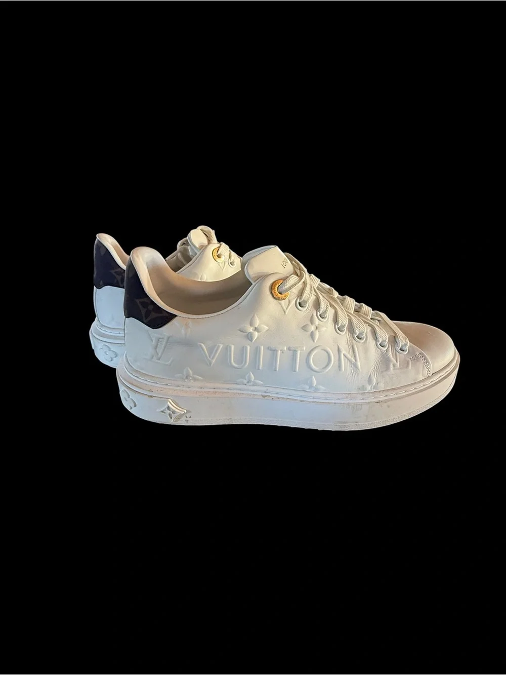 Louis Vuitton White Leather Embossed Monogram Sneakers with Brown Heel